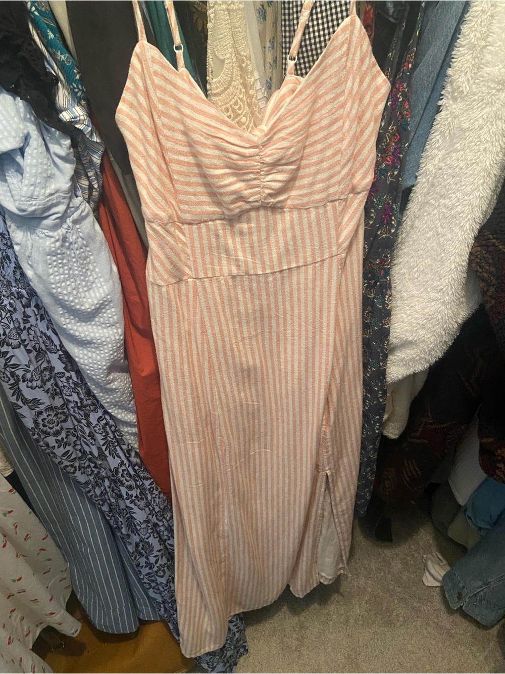 New American Eagle Outfitters Pink and White Striped Midi Sundress Linen Viscose
